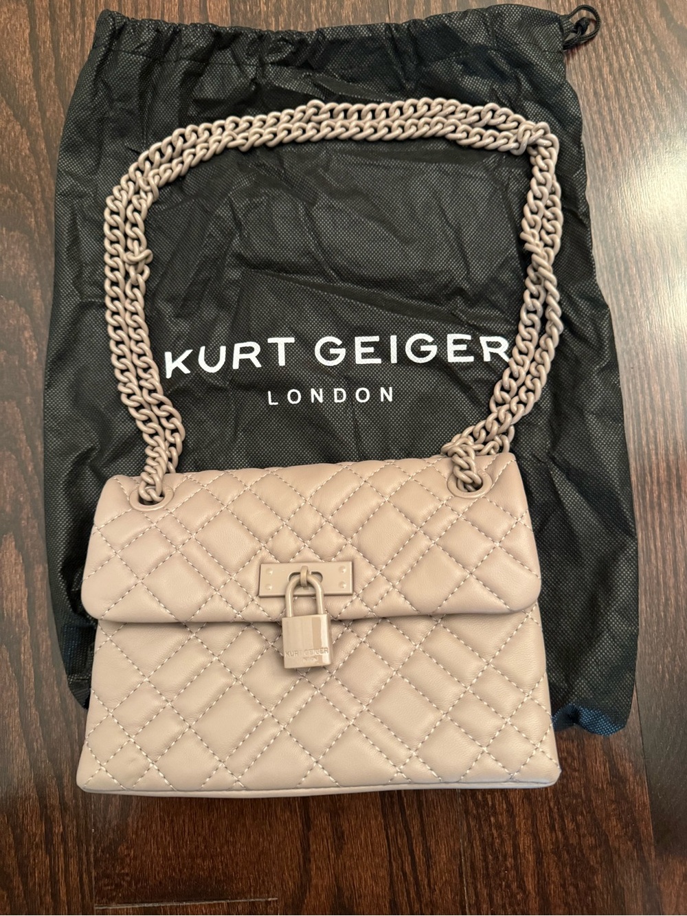 Kurt Geiger Quilted Leather Shoulder Bag in Taupe Beige with Chain Strap